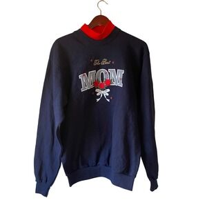 Vintage Mom Sweatshirt Mock Neck Long Sleeve Navy Blue Embroidered Roses Med